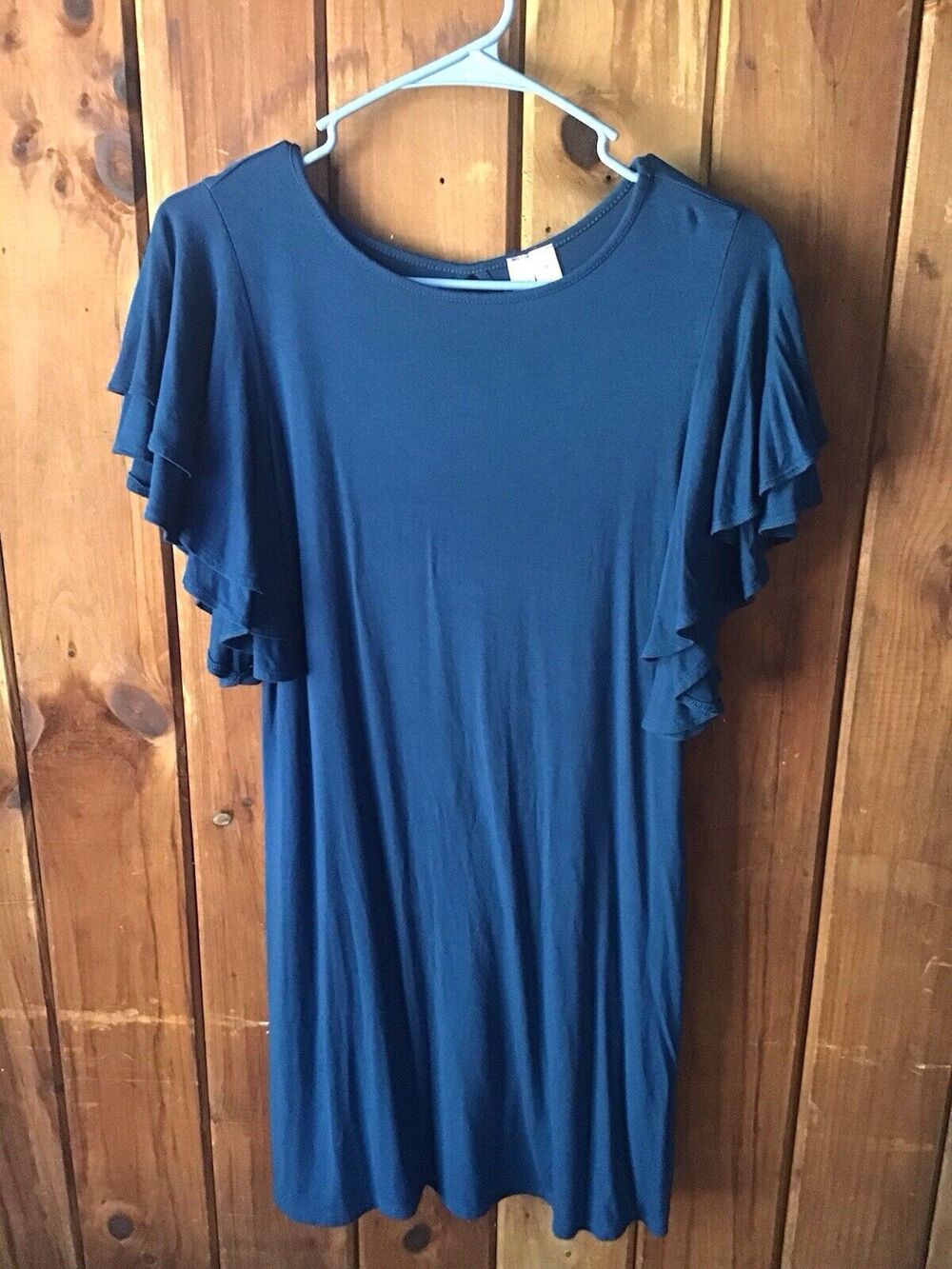Alya Women Blue Casual Dress M Ruffled Sleeves Keyhole Knee Length
